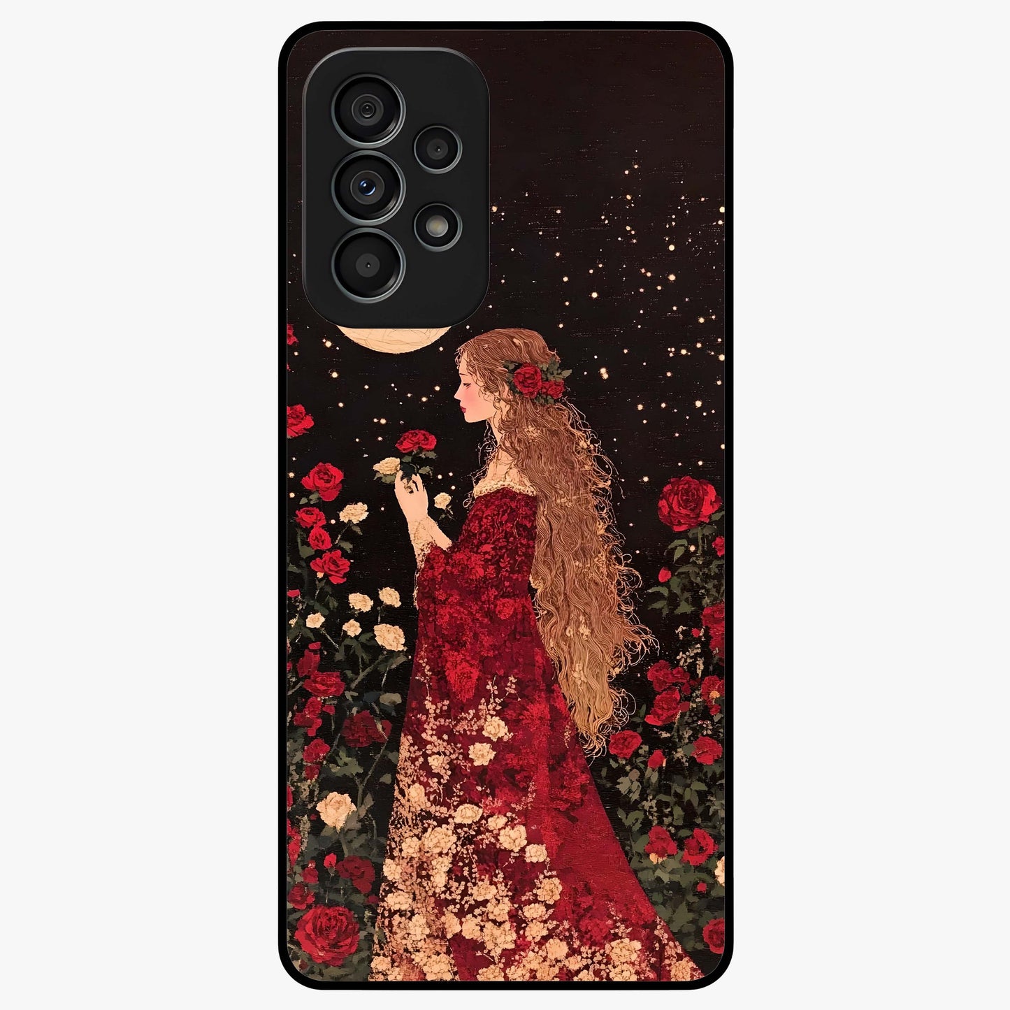 Crimson Dreams Glass Case showing flat back view with dreamy crimson artwork and glossy glass finish.