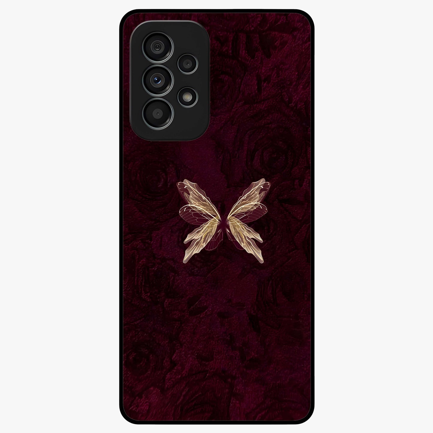 Crimson Fade Butterfly Glass Case showing flat back view with fading butterfly artwork and glossy glass finish.
