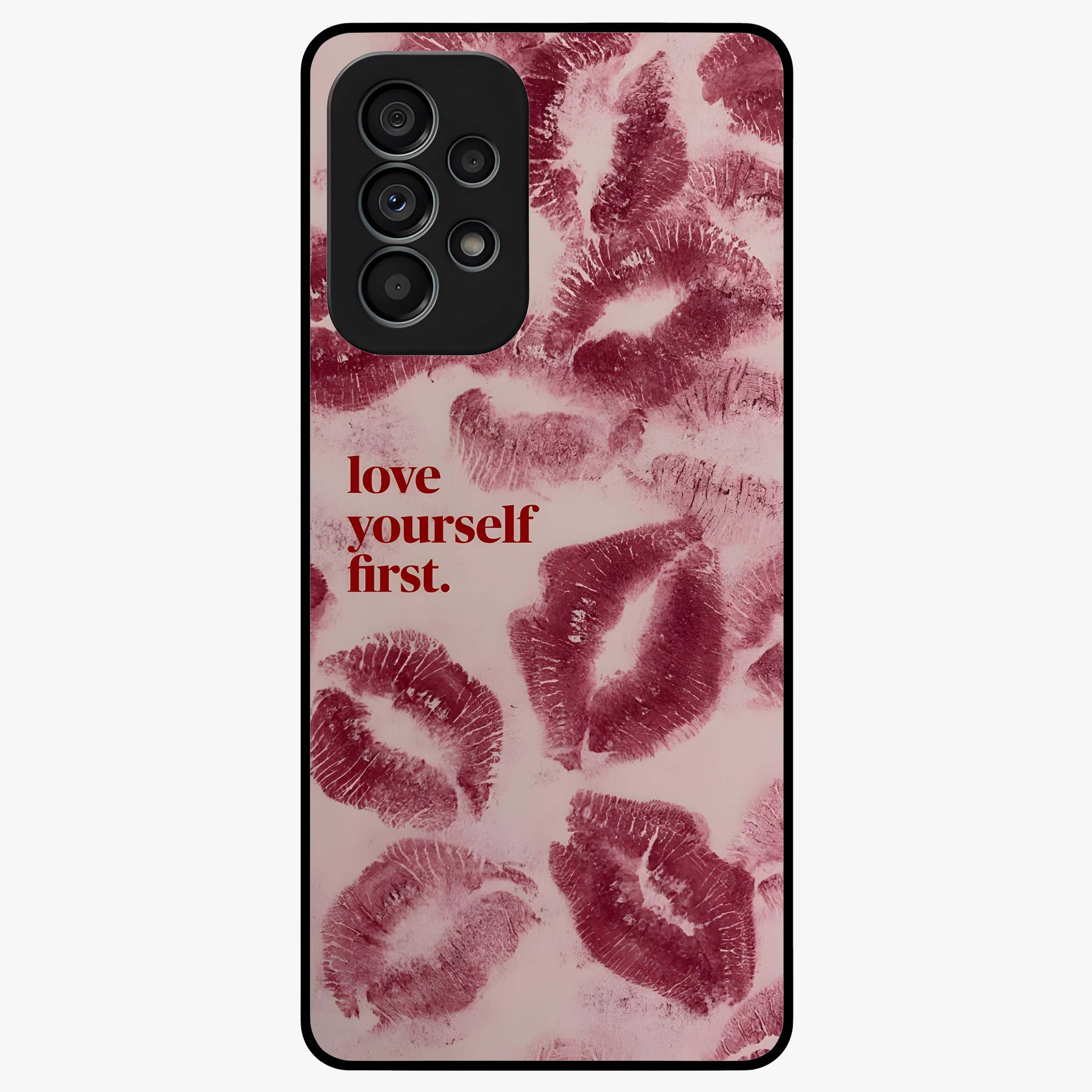 Crimson Kiss Love Glass Case showing flat back view with romantic crimson themed artwork and glossy glass finish.