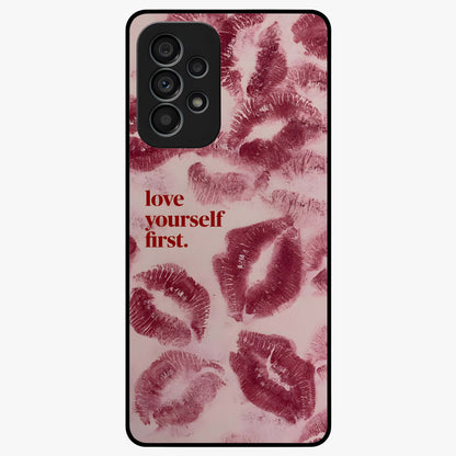 Crimson Kiss Love Glass Case showing flat back view with romantic crimson themed artwork and glossy glass finish.