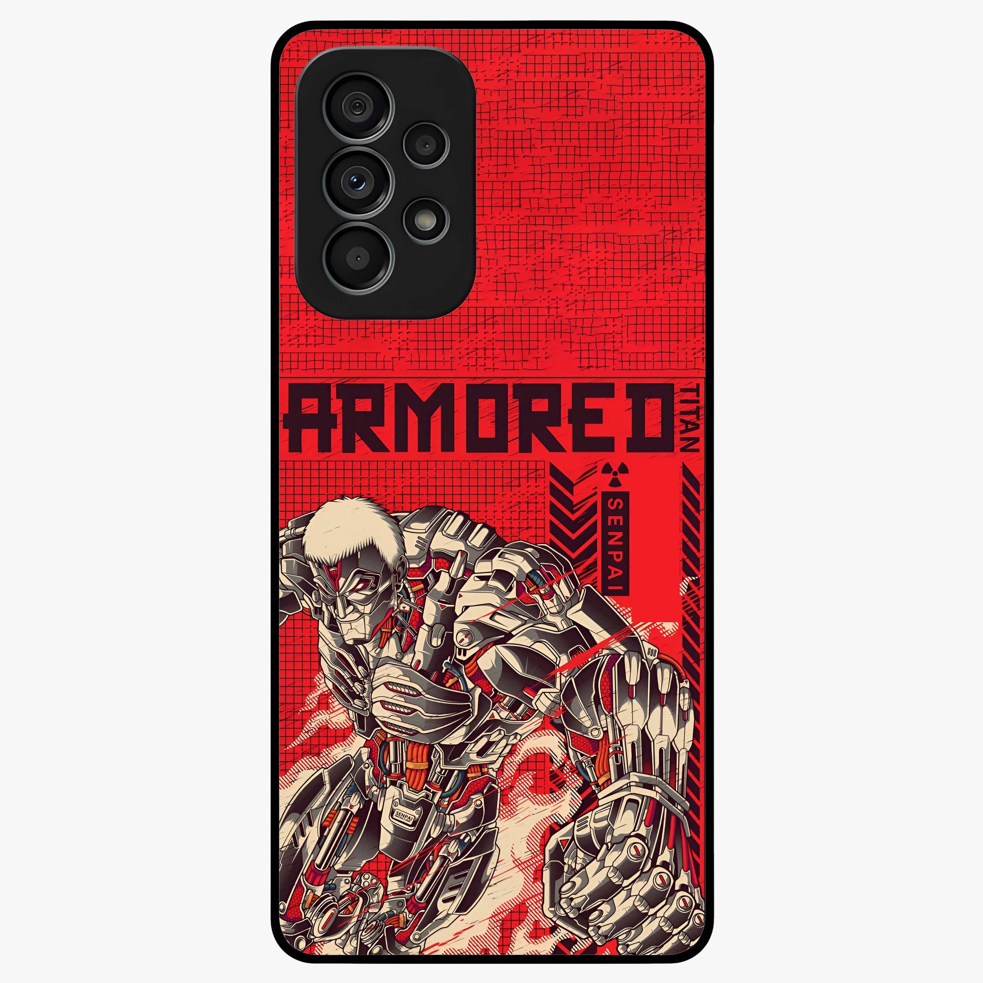 Crimson Mecha Titan Glass Case showing flat back view with powerful mech titan artwork and glossy glass finish.