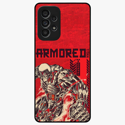 Crimson Mecha Titan Glass Case showing flat back view with powerful mech titan artwork and glossy glass finish.