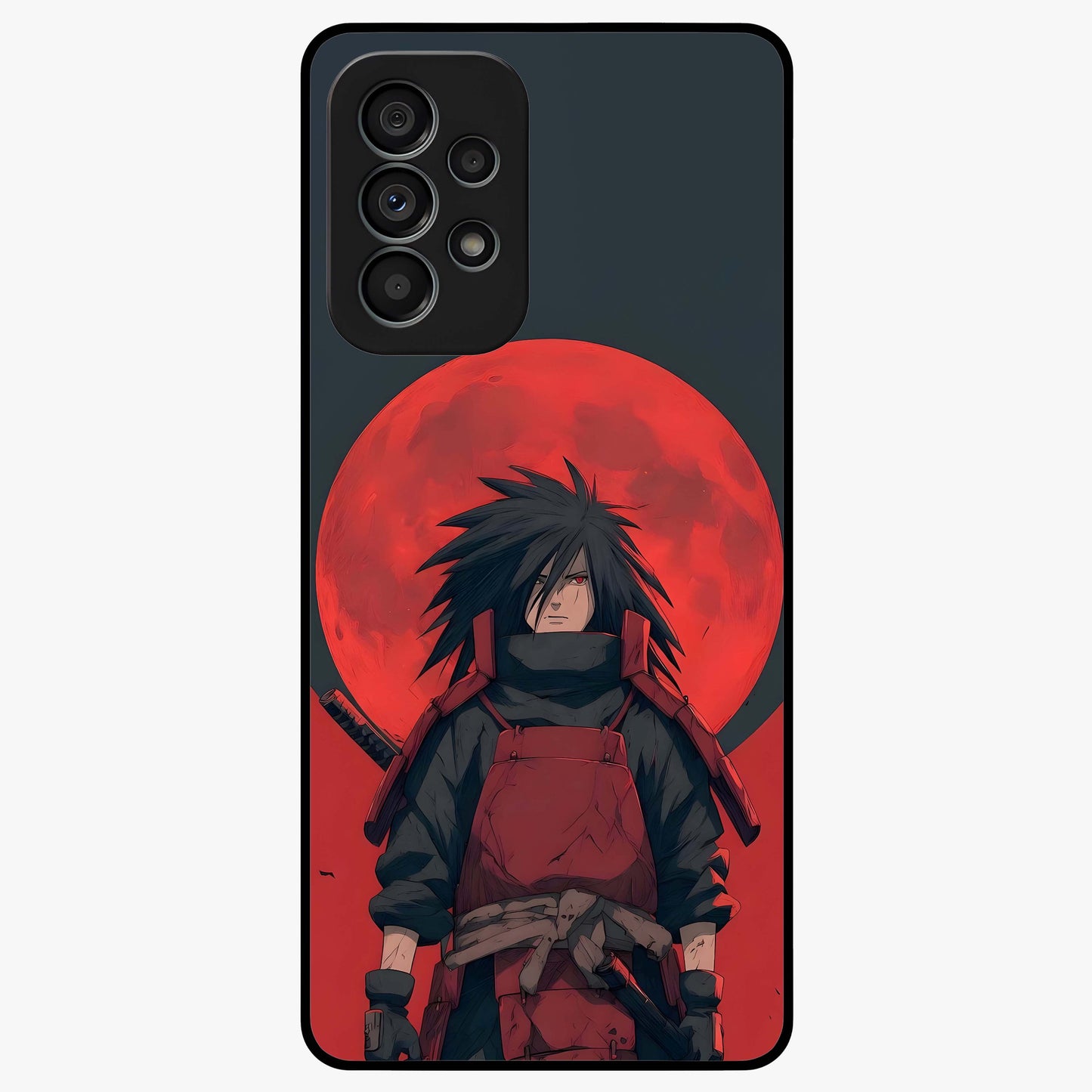 Crimson Moon Warlord Glass Case showing flat back view with mystical moon warrior artwork and glossy glass finish.