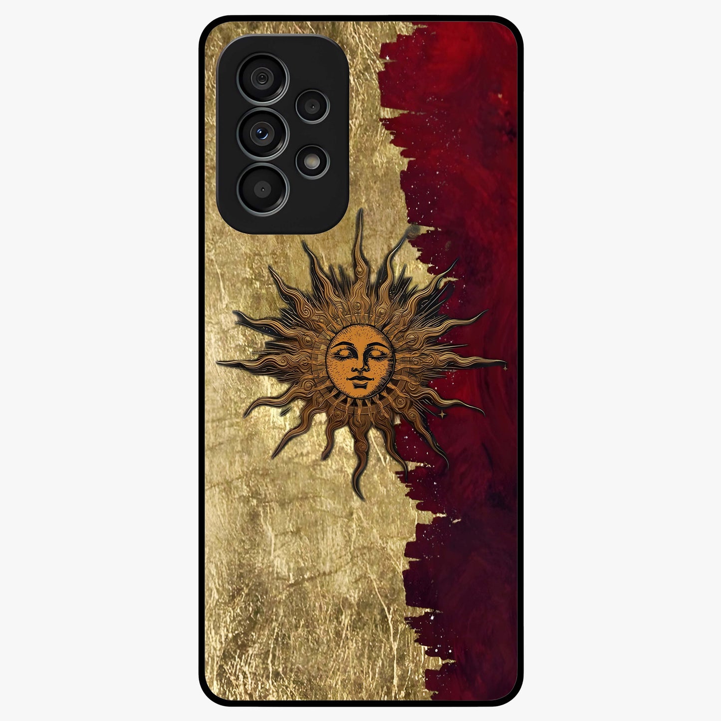 Crimson Sun Majesty Glass Case showing flat back view with radiant sun inspired artwork and glossy glass finish.