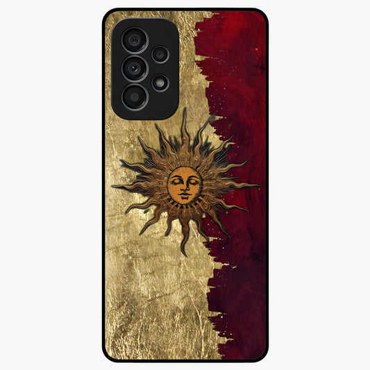Crimson Sun Majesty Glass Case showing flat back view with radiant sun inspired artwork and glossy glass finish.