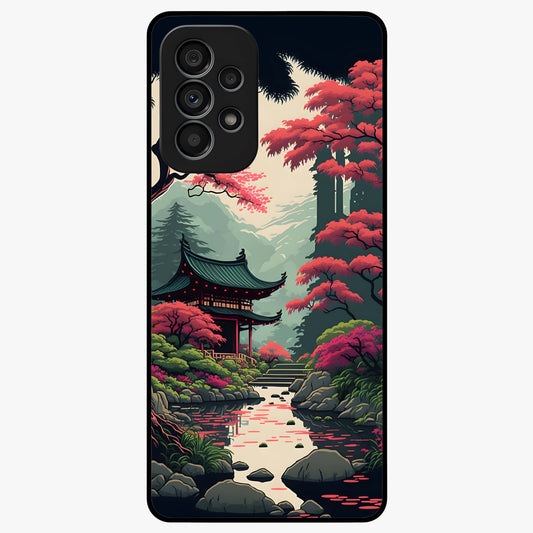 Crimson Temple View Glass Case showing flat back view with temple inspired artwork and glossy glass finish.