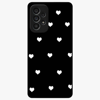 Cute And Simple White Hearts Glass Case showing flat back view with minimal white heart pattern and glossy glass finish.