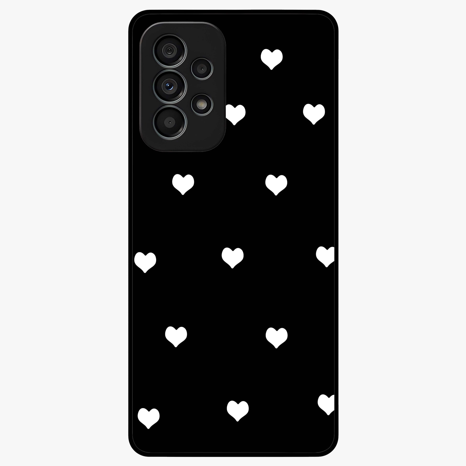 Cute And Simple White Hearts Glass Case showing flat back view with minimal white heart pattern and glossy glass finish.