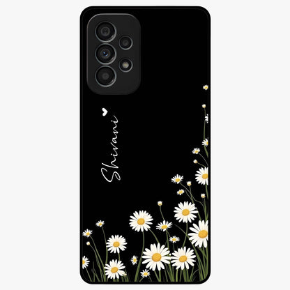 Daisy Cascade Custom Name Glass Case showing flat back view with cascading daisy flowers and personalized name design.