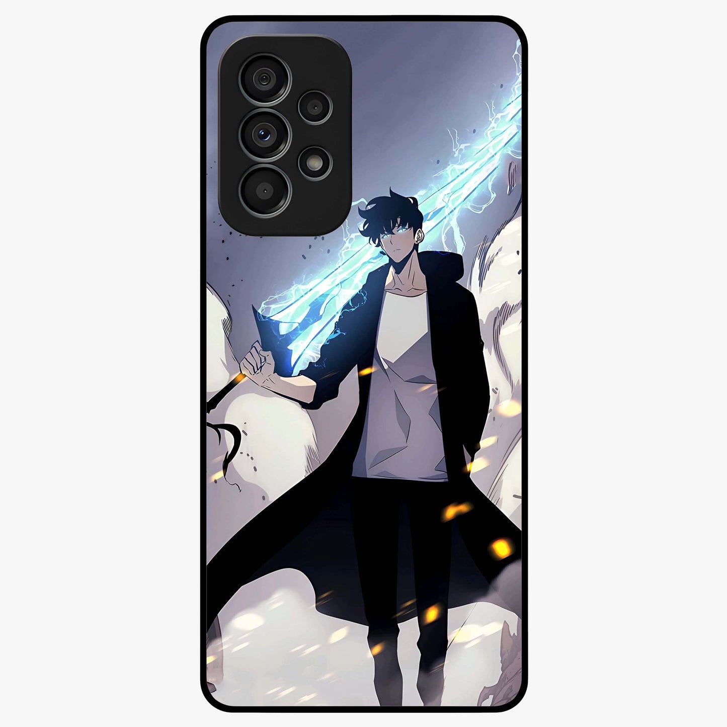 Dark Lightning Anime Warrior Glass Case showing flat back view with intense anime warrior artwork and glossy glass finish.