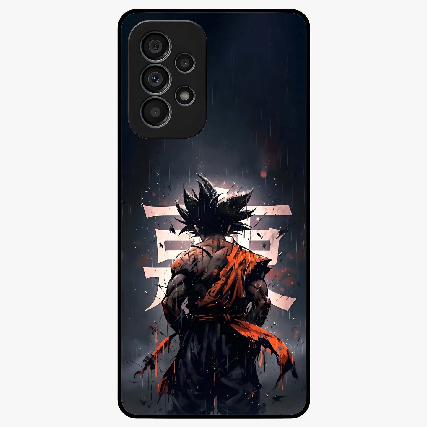 Dark Warrior In Rain Glass Case showing flat back view with warrior artwork in rainy atmosphere and glossy glass finish.