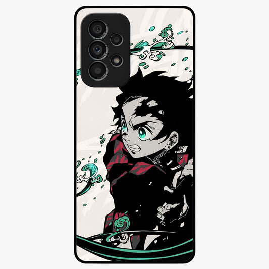 Demon Slayer Glass Case showing flat back view with bold anime inspired artwork and glossy glass finish.