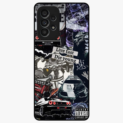 Die Young Glass Case showing flat back view with bold artistic typography design and glossy glass finish.
