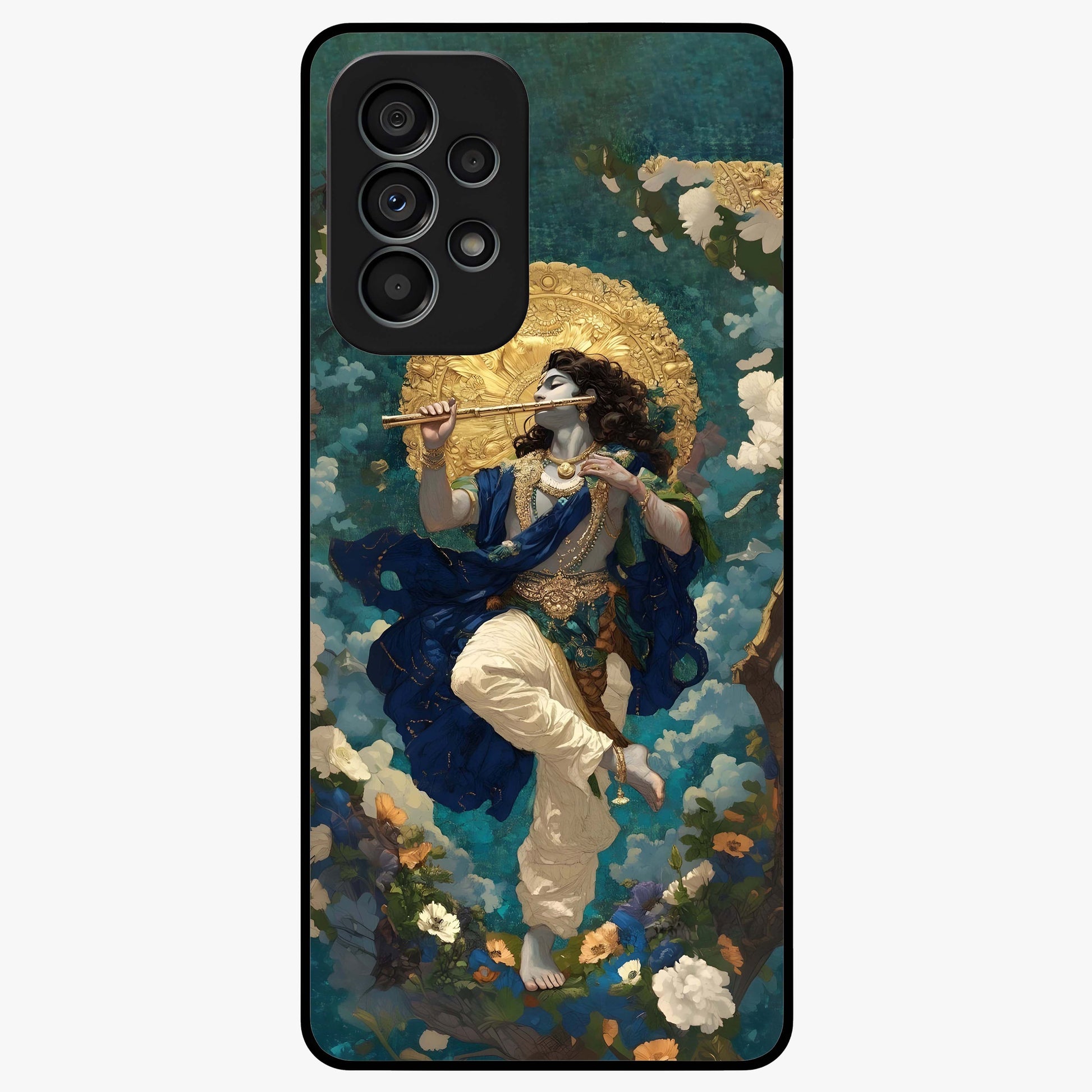 Divine Krishna Art Glass Case showing flat back view with Lord Krishna artwork and glossy glass finish.