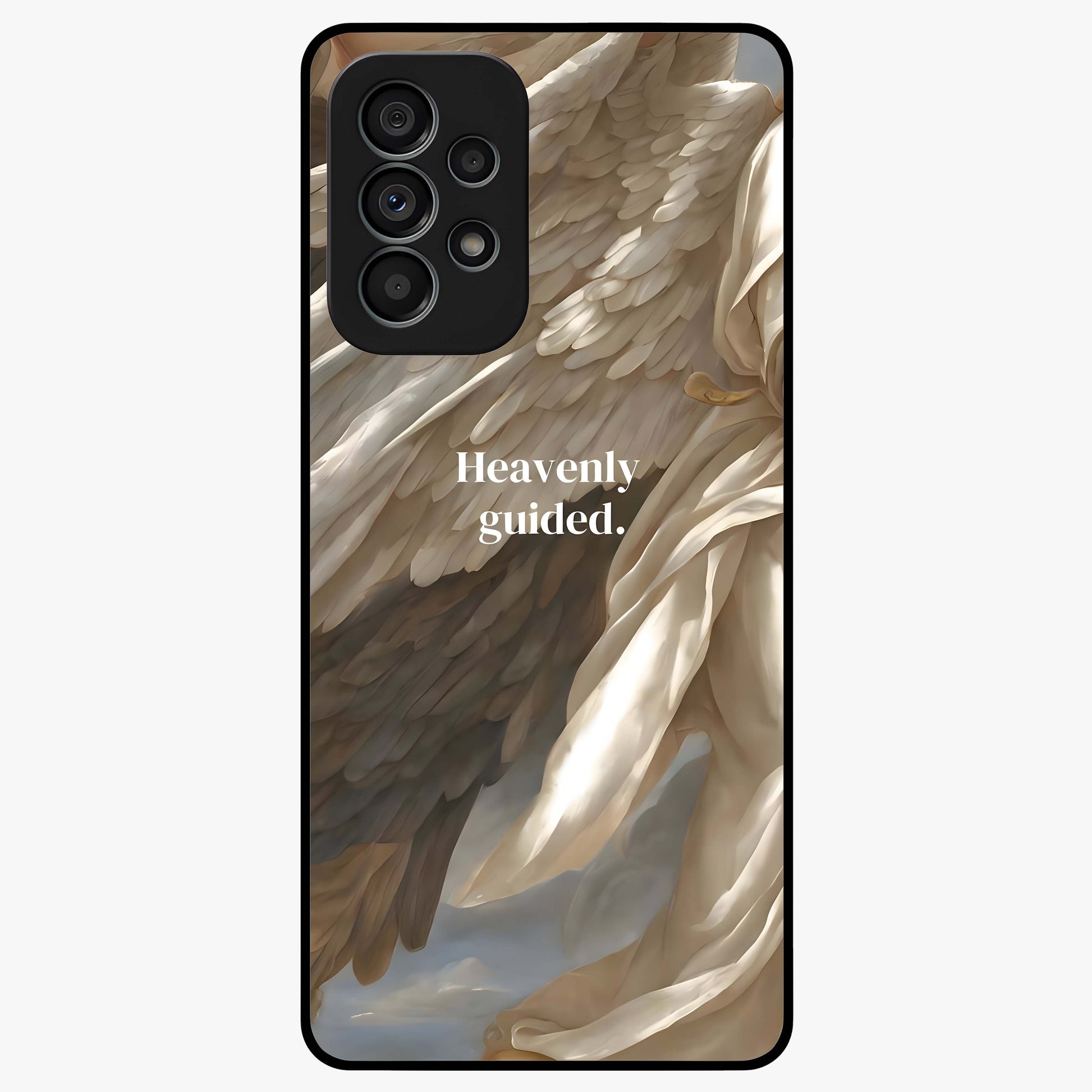 Divine Winged Grace Glass Case showing flat back view with elegant wing inspired artwork and glossy glass finish.