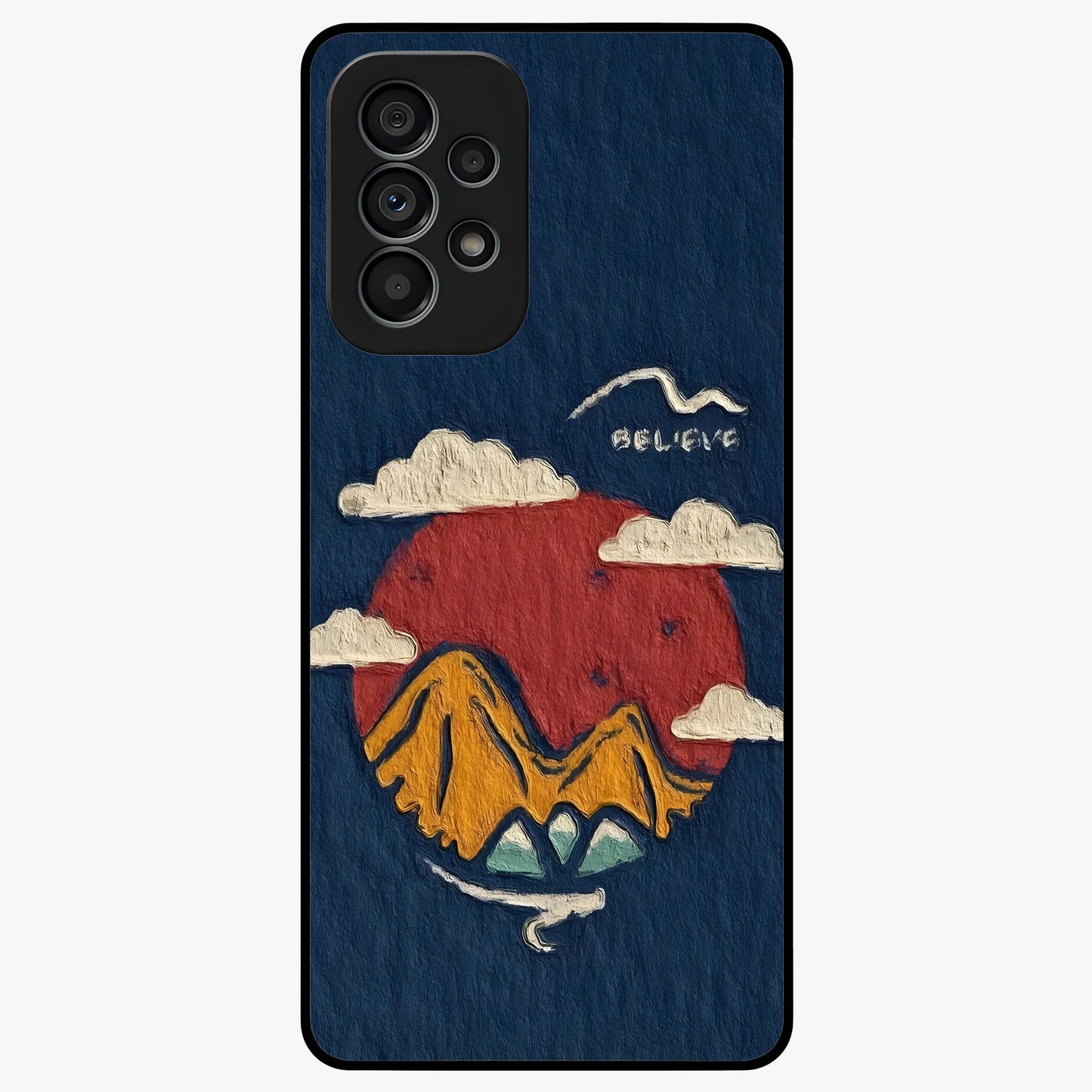 Dream Beyond Mountains Glass Case showing flat back view with scenic mountain landscape artwork and glossy glass finish.