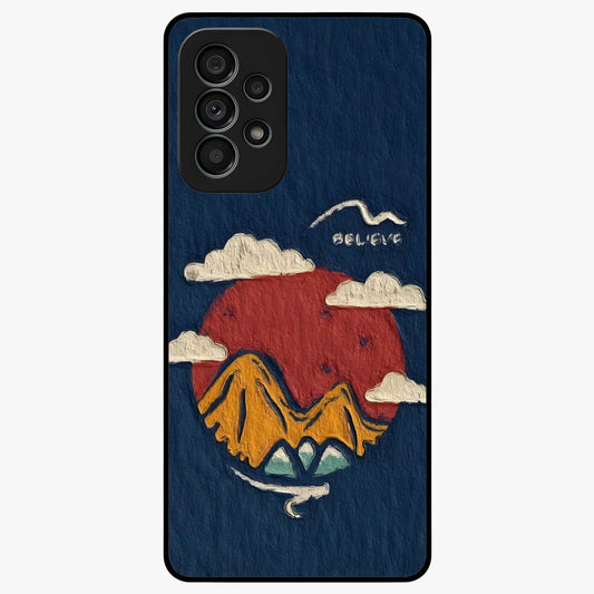 Dream Beyond Mountains Glass Case showing flat back view with scenic mountain landscape artwork and glossy glass finish.