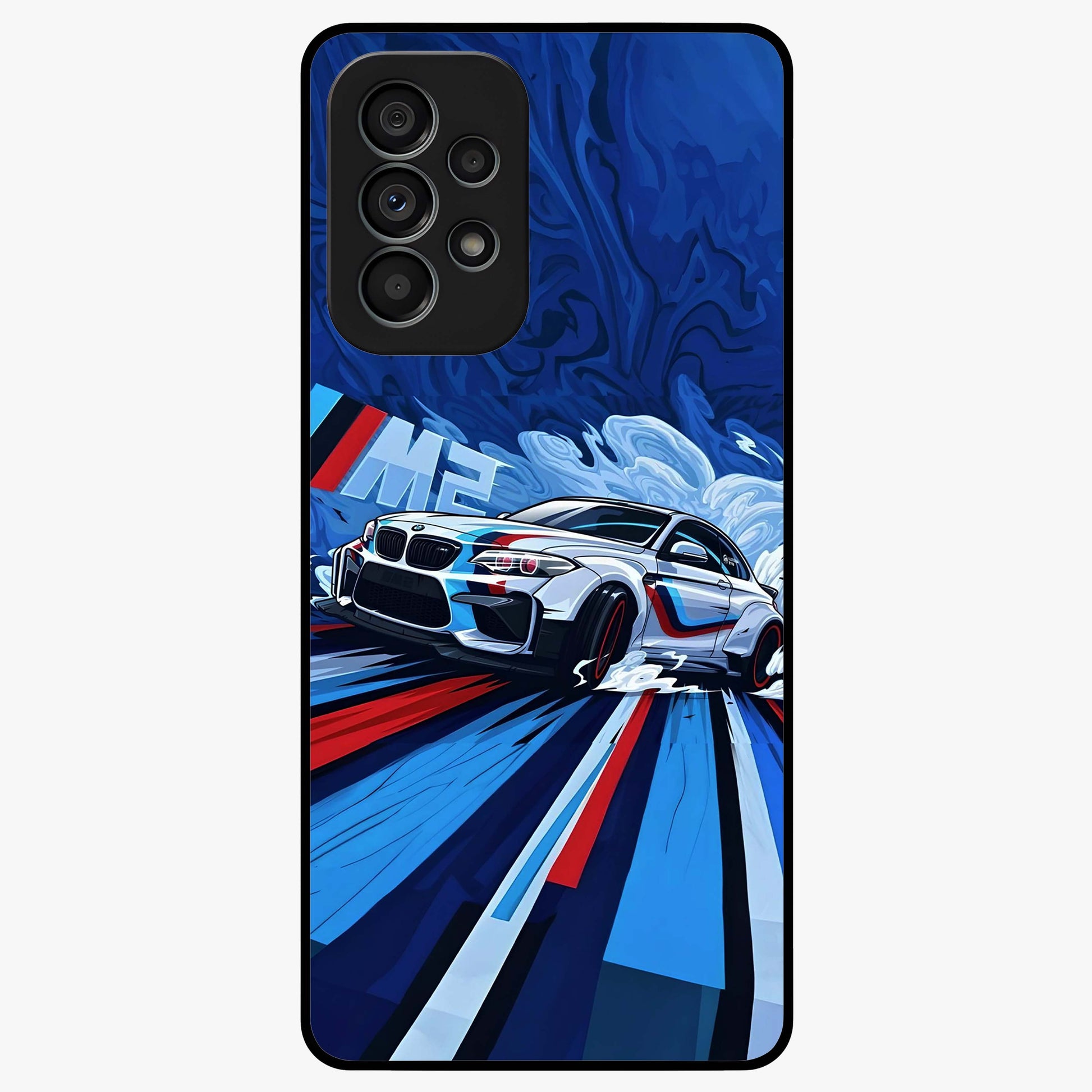Drift Power Rush Glass Case showing flat back view with dynamic racing inspired artwork and glossy glass finish.