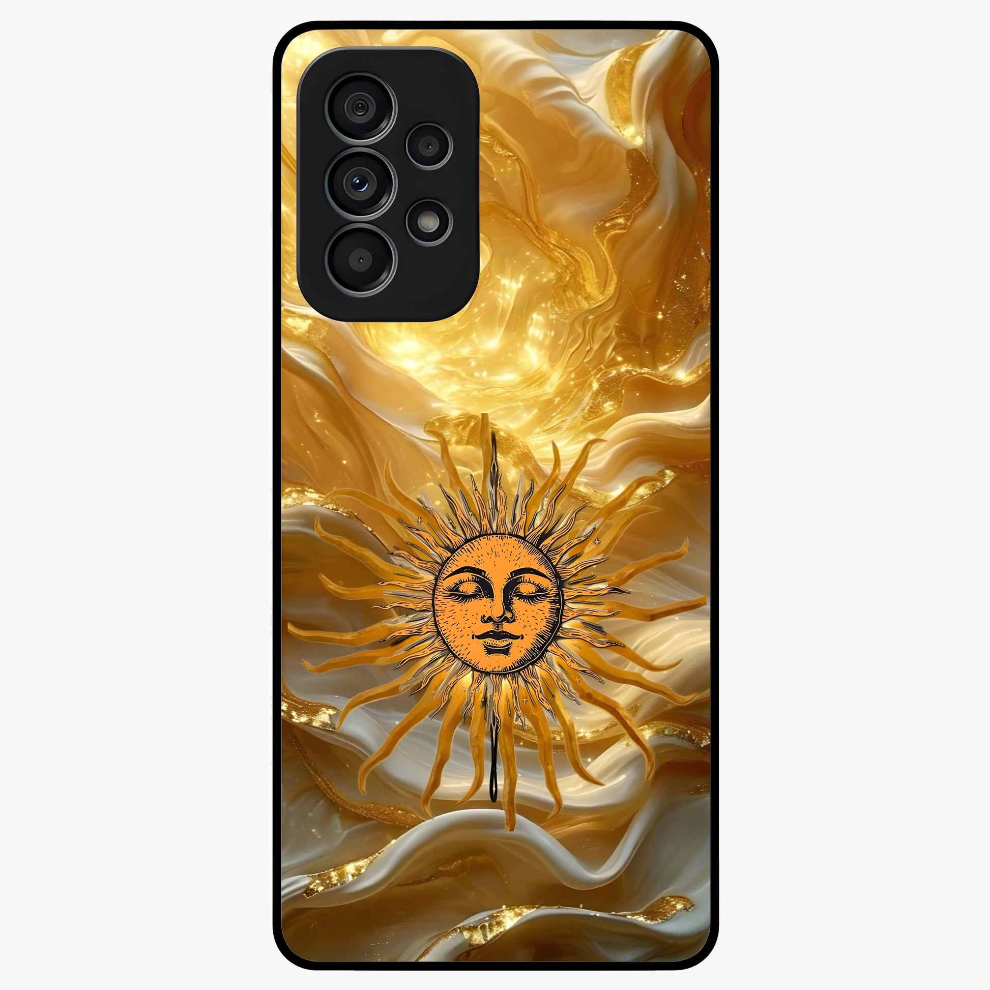 Eternal Golden Glow Glass Case showing flat back view with radiant golden themed artwork and glossy glass finish.