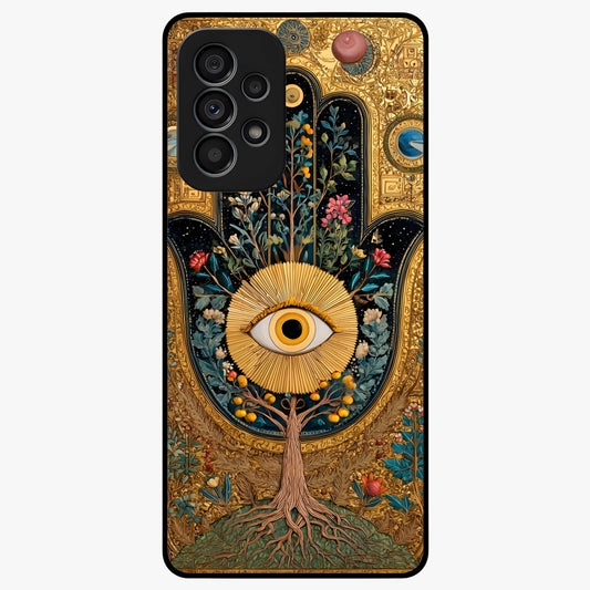 Ethereal Evil Eye Glass Case showing flat back view with mystical evil eye artwork and glossy glass finish.
