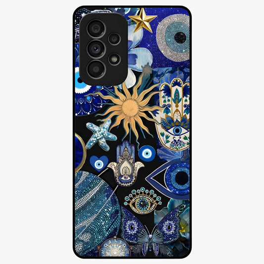 Evil Eye Charm Mix Glass Case showing flat back view with multiple evil eye charms artwork and glossy glass finish.
