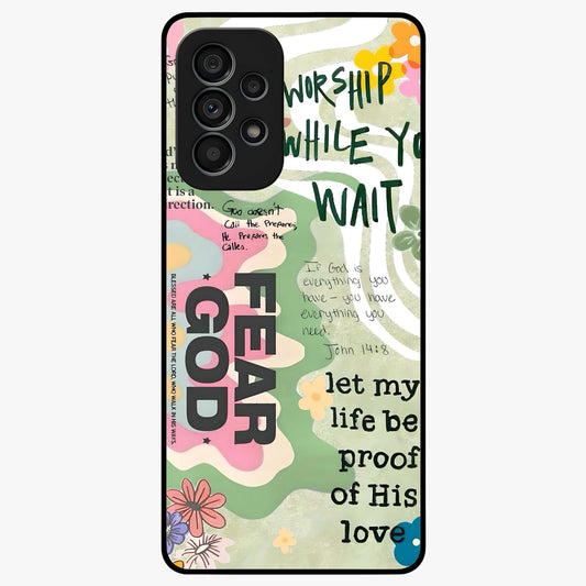 Faith Over Fear Glass Case showing flat back view with motivational typography artwork and glossy glass finish.