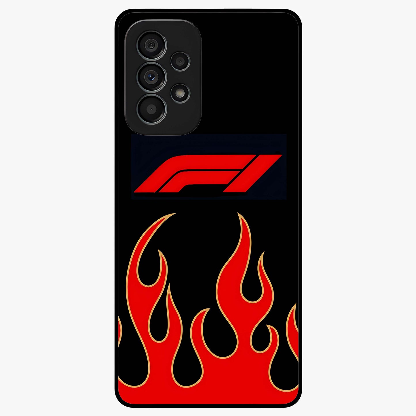 Fire F11 Glass Case showing flat back view with fiery themed artwork and glossy glass finish.
