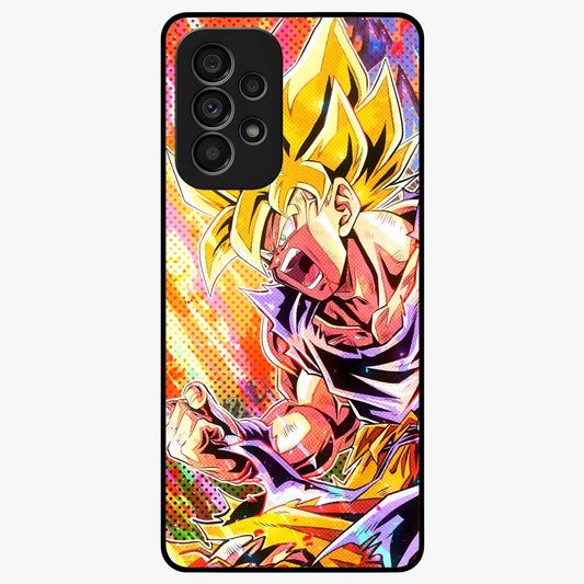 Firing Goku Glass Case showing flat back view with powerful anime inspired artwork and glossy glass finish.