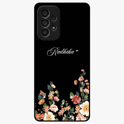 Floral Design With a Custom Personalized Name Glass Case showing flat back view with floral artwork and personalized name design.