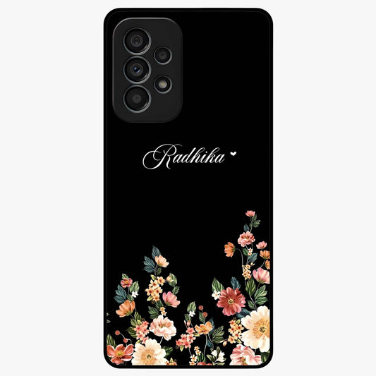 Floral Design With a Custom Personalized Name Glass Case showing flat back view with floral artwork and personalized name design.