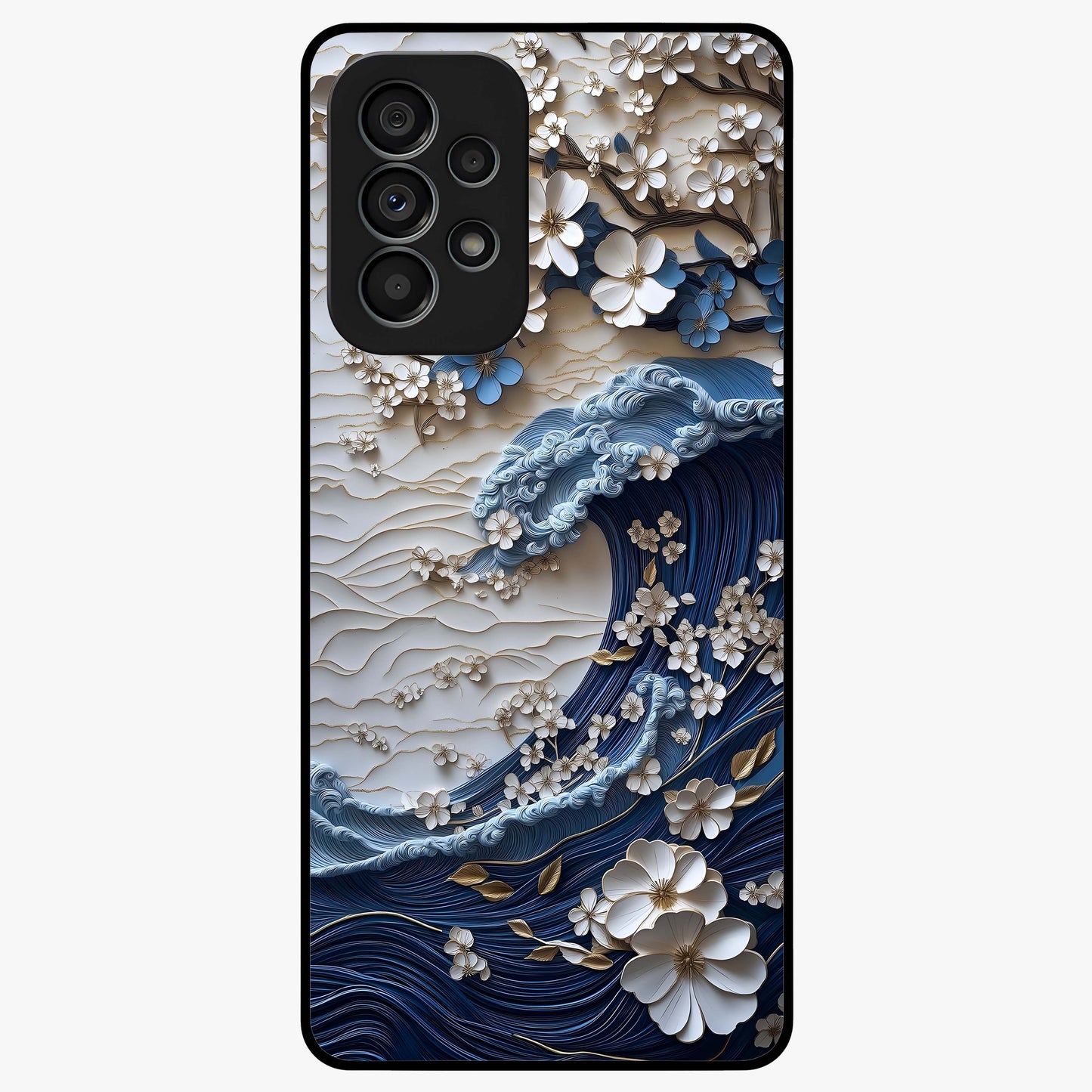 Floral Wave Origami Glass Case showing flat back view with origami inspired floral wave artwork and glossy glass finish.