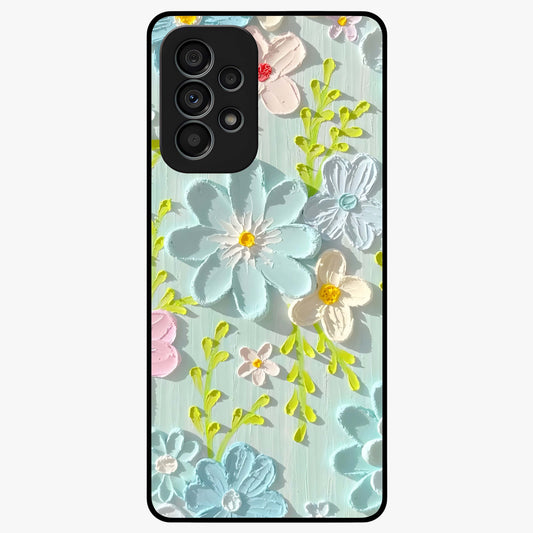 Frosted Petal Garden Glass Case showing flat back view with soft frosted floral artwork and glossy glass finish.