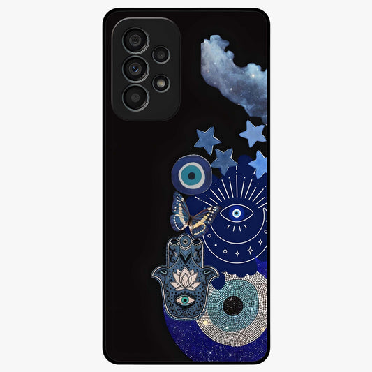 Galactic Charm Cluster Glass Case showing flat back view with glowing celestial charm artwork and glossy glass finish.