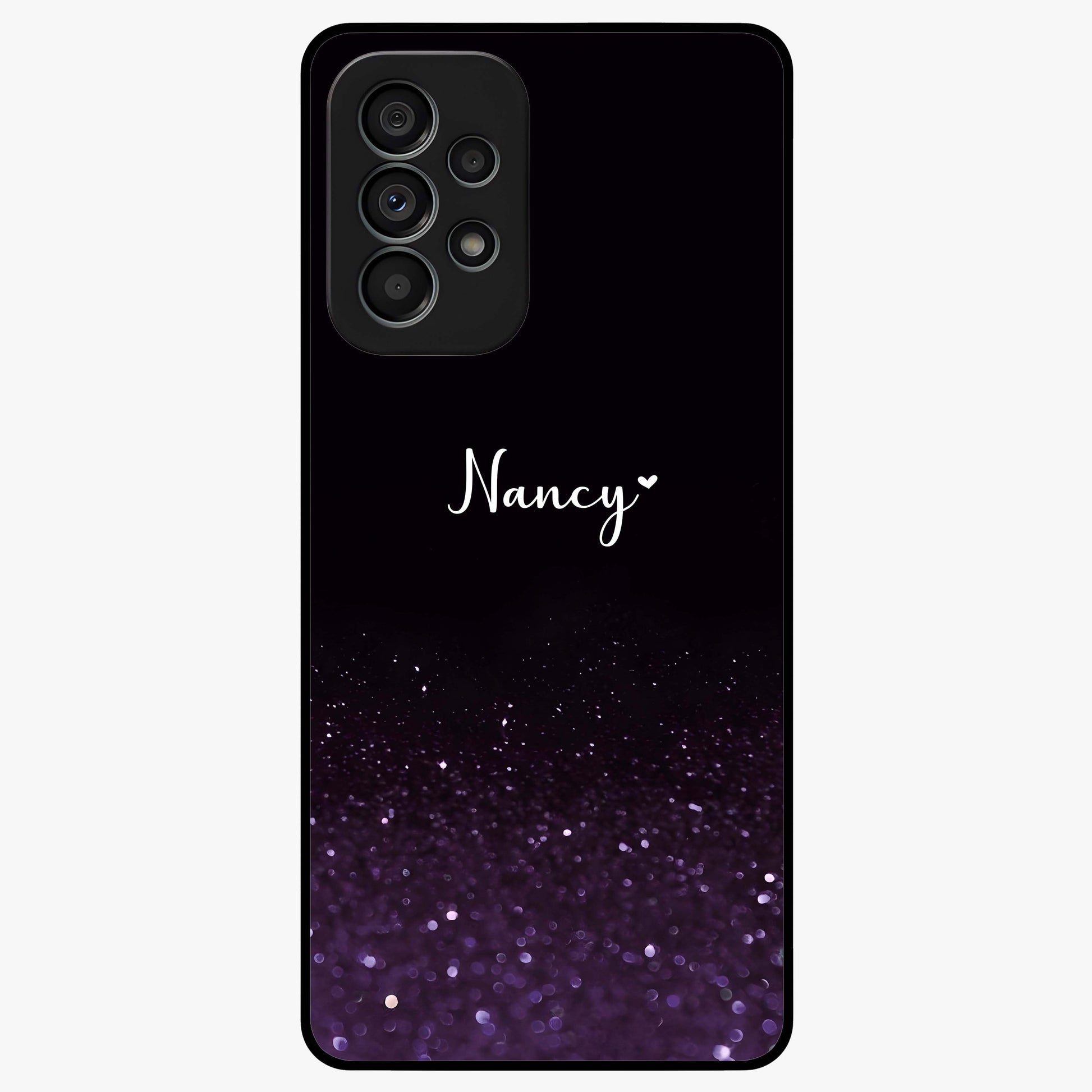 Glittery Purple Bokeh Custom Name Glass Case showing flat back view with purple bokeh sparkle artwork and personalized name design.