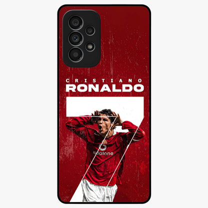 Goal Celebration Legacy Glass Case showing flat back view with football celebration inspired artwork and glossy glass finish.