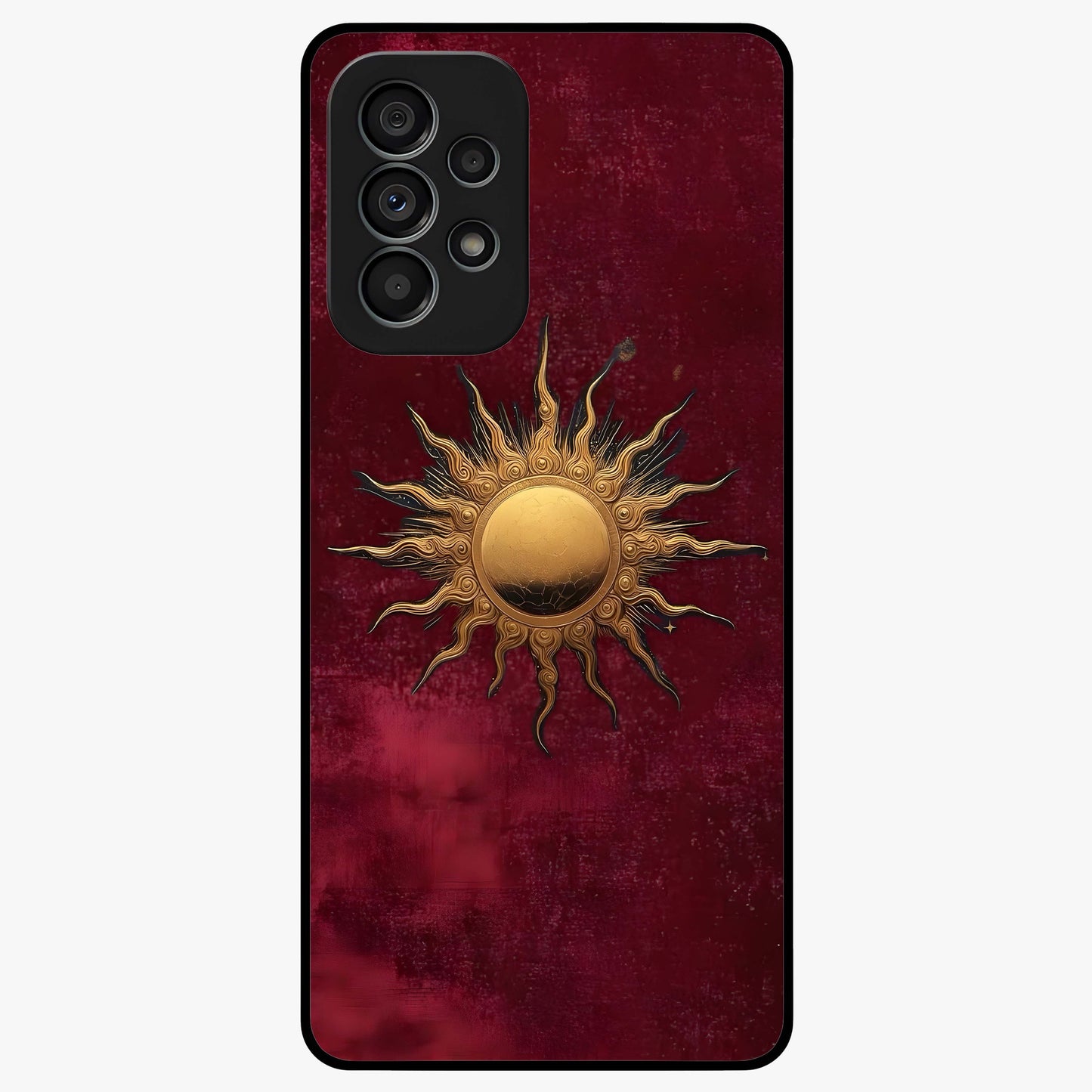 Gold Sun Blush Glass Case showing flat back view with golden sun inspired artwork and glossy glass finish.
