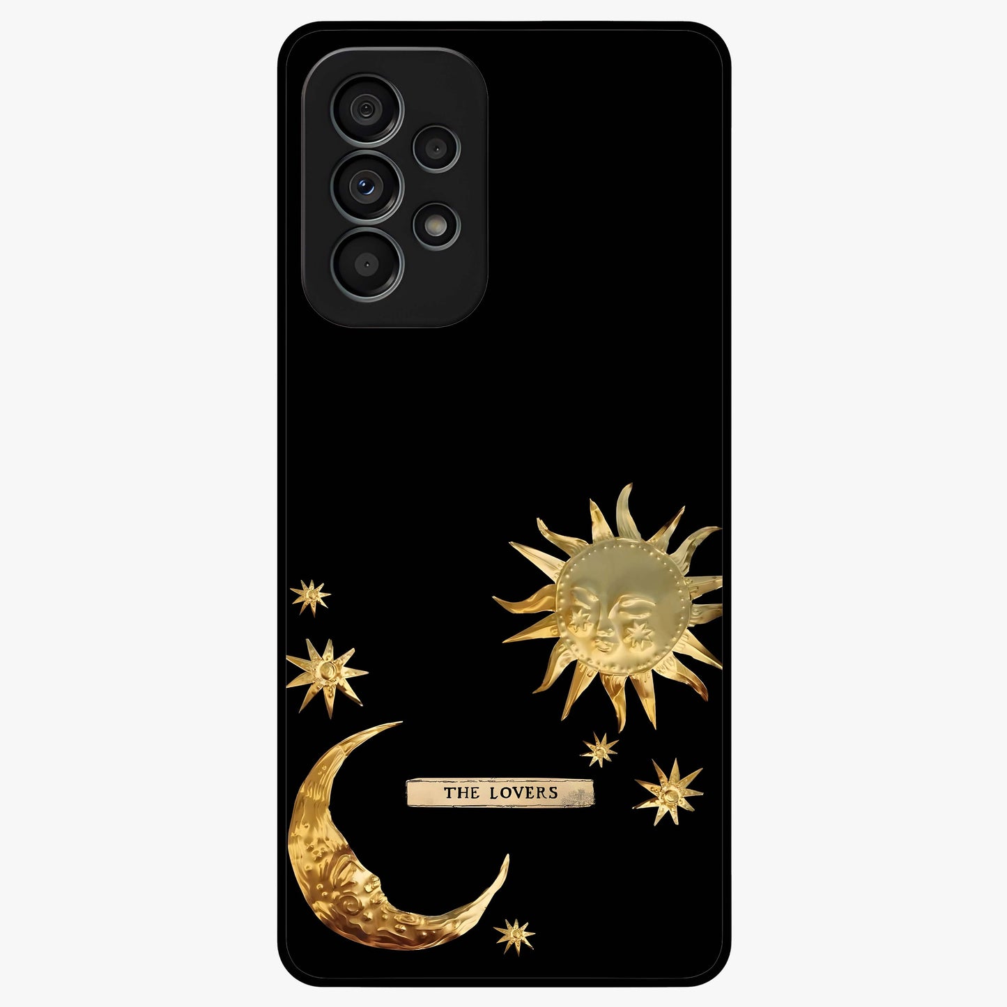 Golden Celestial Charm Glass Case showing flat back view with golden celestial charm artwork and glossy glass finish.