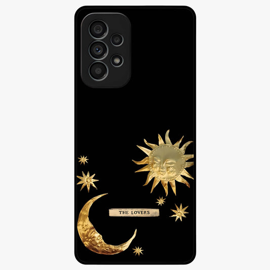 Golden Celestial Charm Glass Case showing flat back view with golden celestial charm artwork and glossy glass finish.
