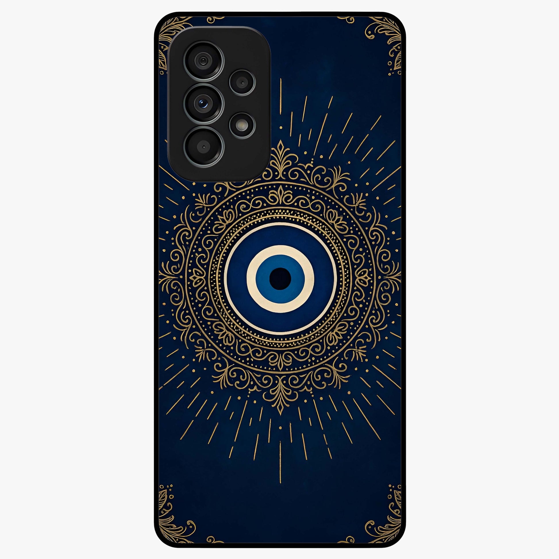 Golden Evil Eye Mandala Glass Case showing flat back view with intricate evil eye mandala artwork and glossy glass finish.