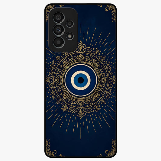 Golden Evil Eye Mandala Glass Case showing flat back view with intricate evil eye mandala artwork and glossy glass finish.