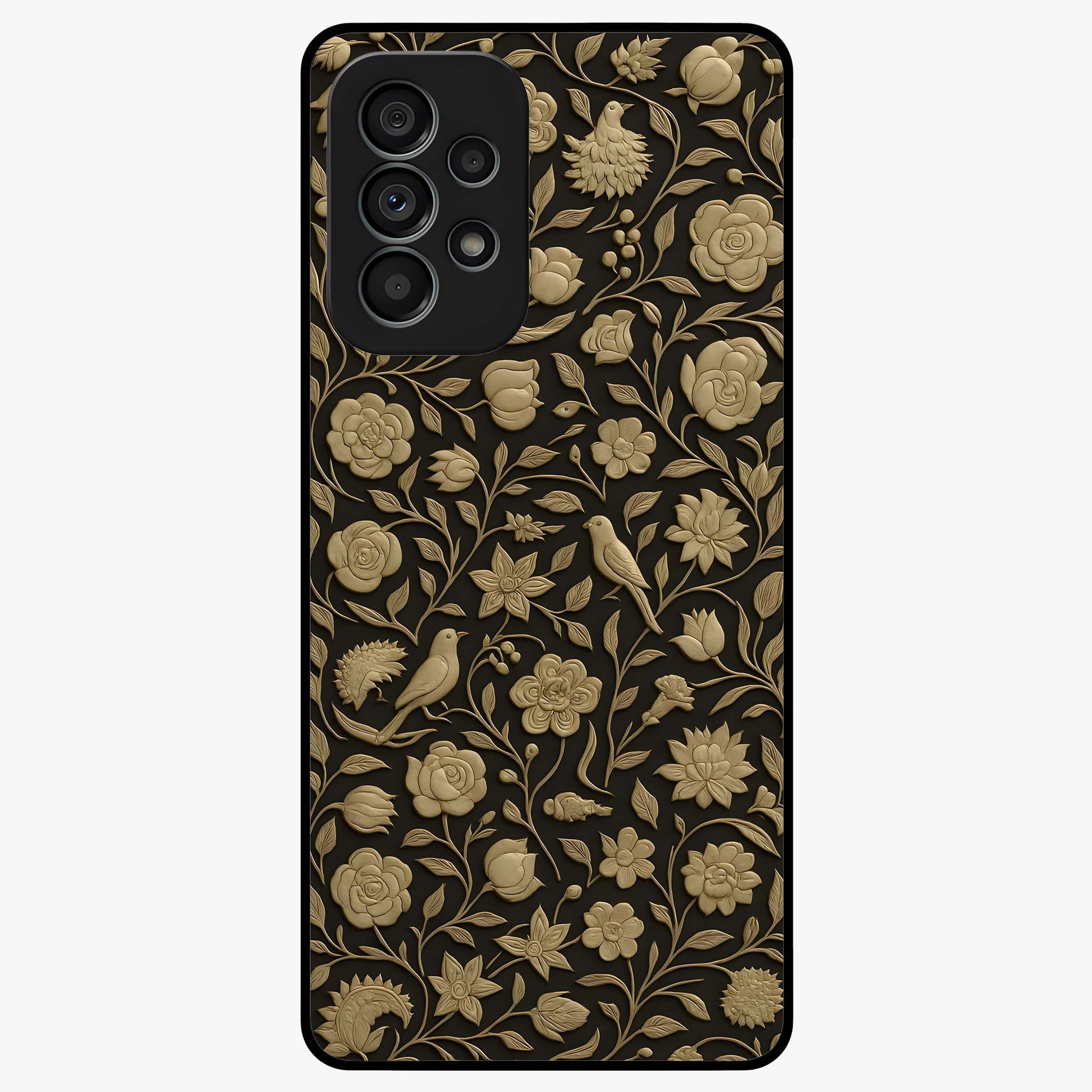 Golden Floral Majesty Glass Case showing flat back view with luxurious golden floral artwork and glossy glass finish.