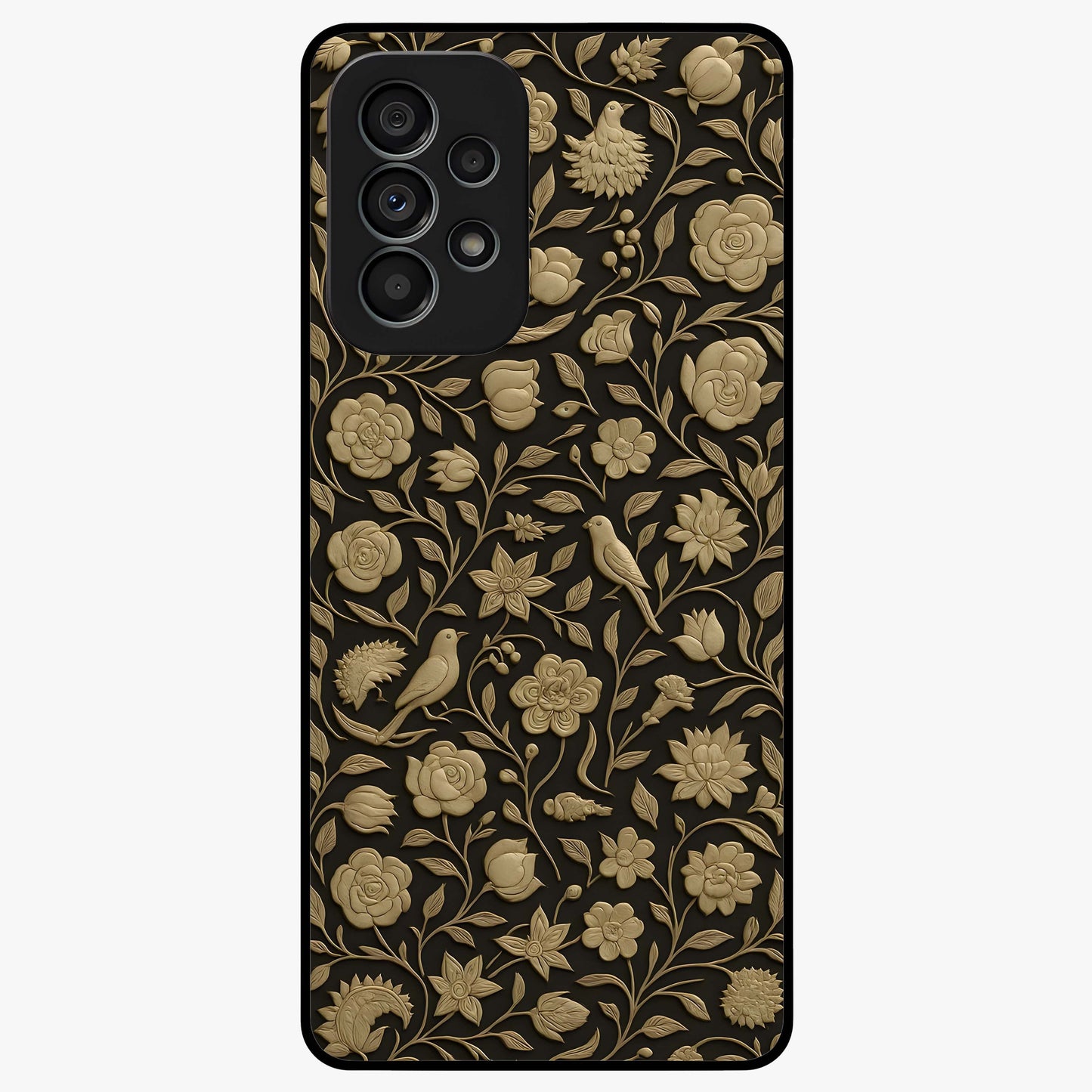 Golden Floral Majesty Glass Case showing flat back view with luxurious golden floral artwork and glossy glass finish.