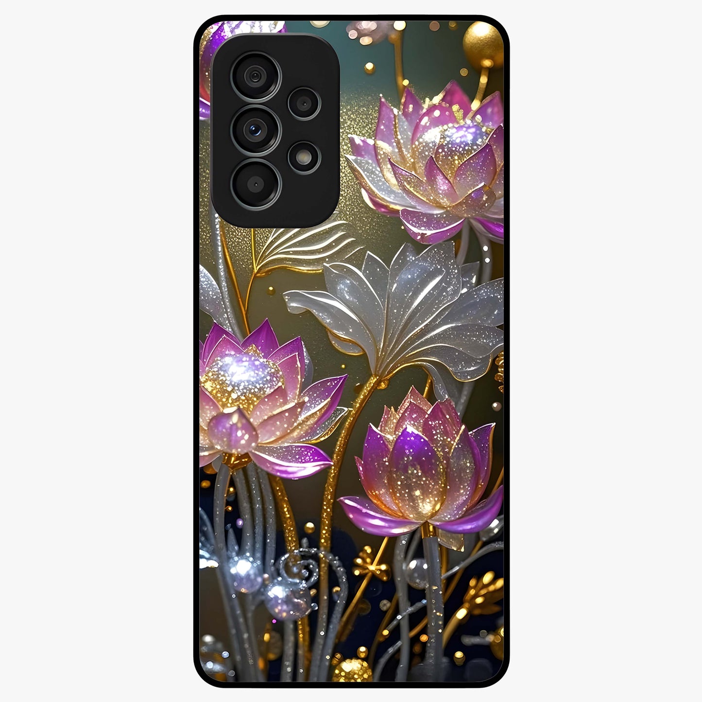 Golden Lotus Glow Glass Case showing flat back view with glowing lotus flower artwork and glossy glass finish.