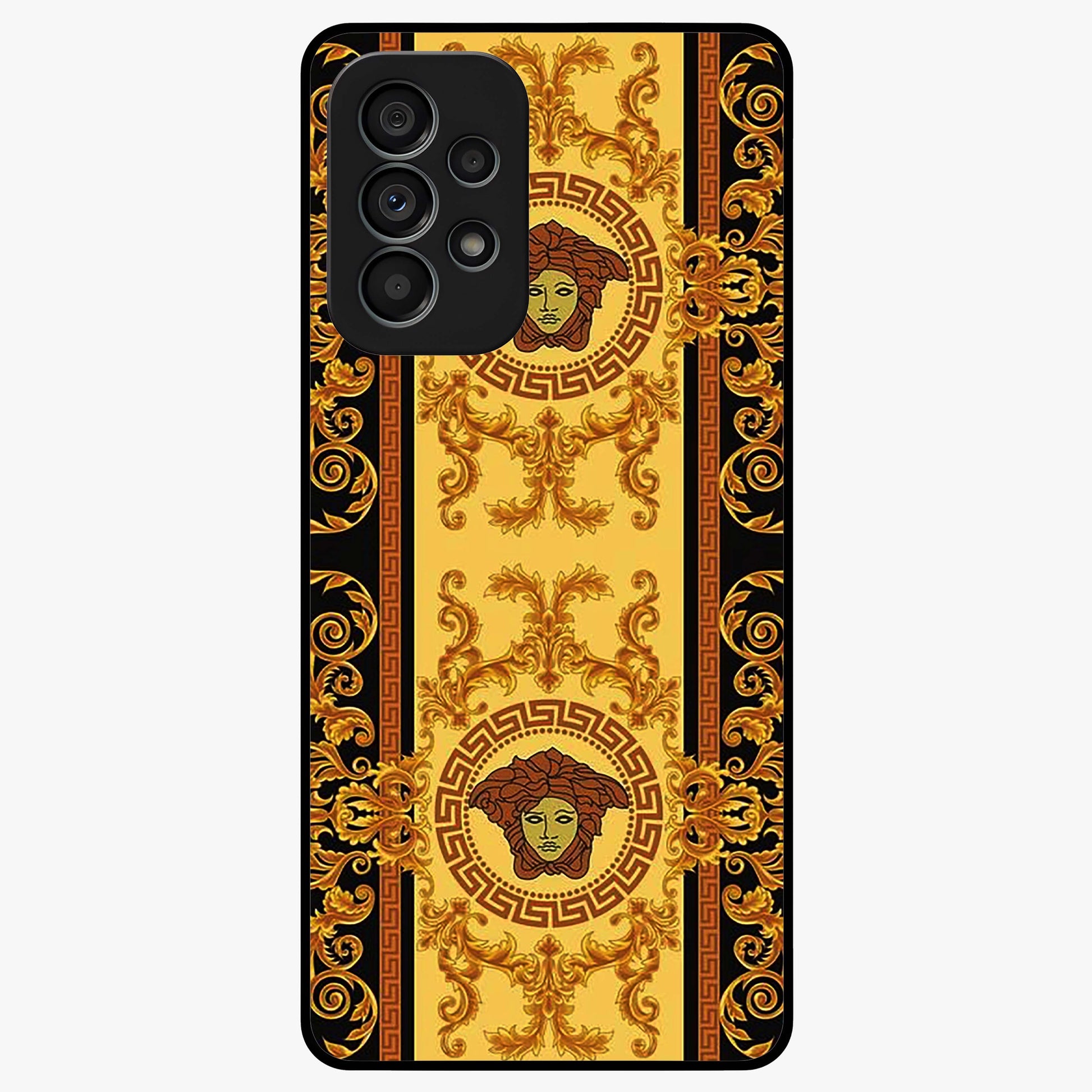 Golden Royal Heritage Glass Case showing flat back view with ornate royal pattern artwork and glossy glass finish.