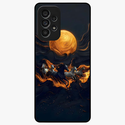 Golden Stallion Moonride Glass Case showing flat back view with majestic horse under moonlight artwork and glossy glass finish.