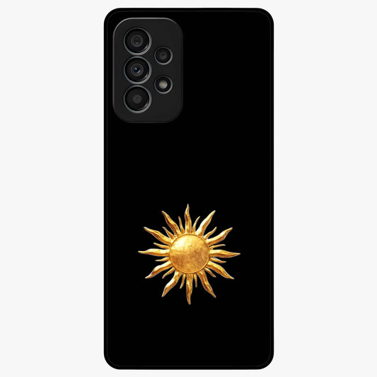 Golden Sun Minimalism Glass Case showing flat back view with minimal golden sun artwork and glossy glass finish.