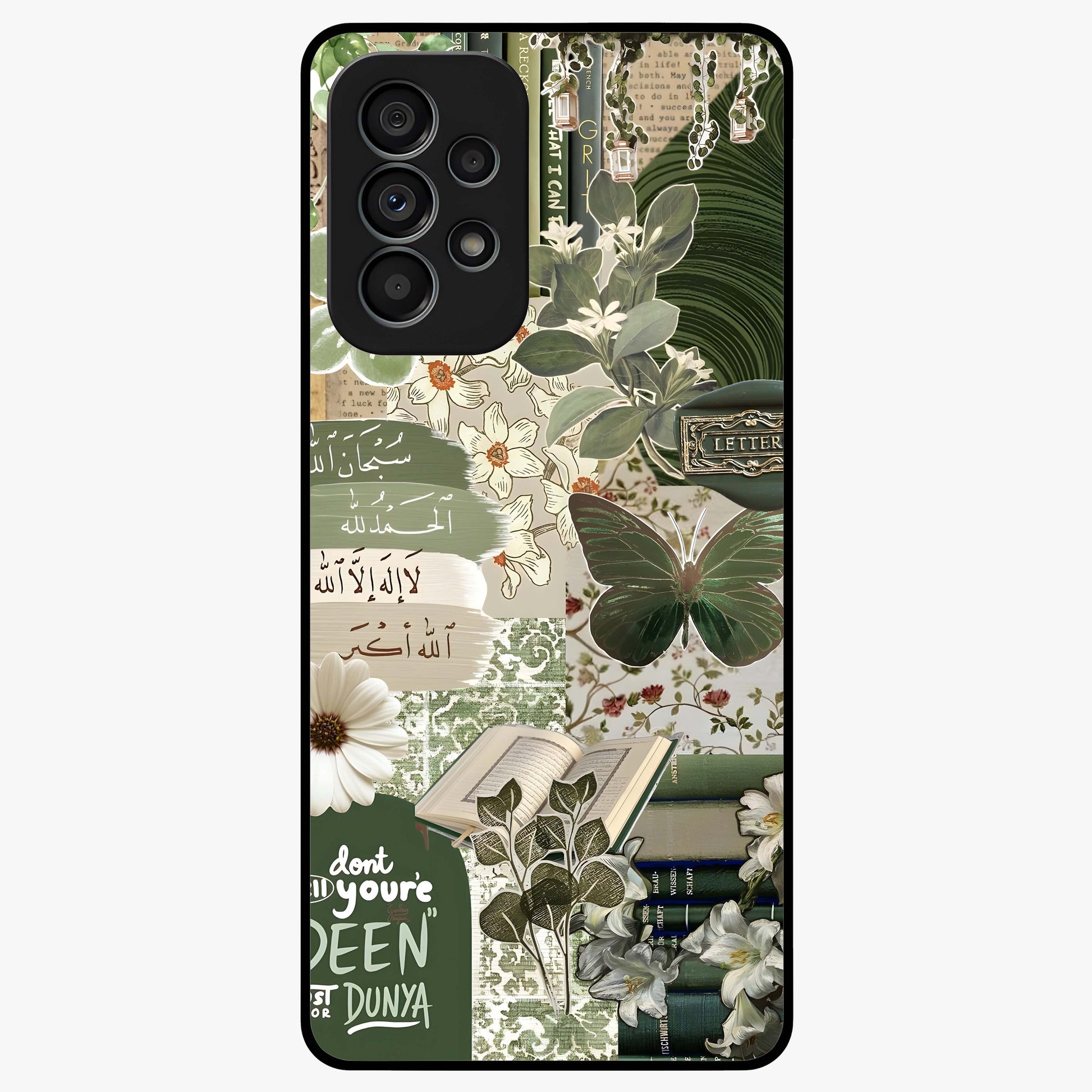 Green Islamic Books Quotes Glass Case showing flat back view with Islamic quotes and book themed artwork and glossy glass finish.