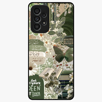 Green Islamic Books Quotes Glass Case showing flat back view with Islamic quotes and book themed artwork and glossy glass finish.