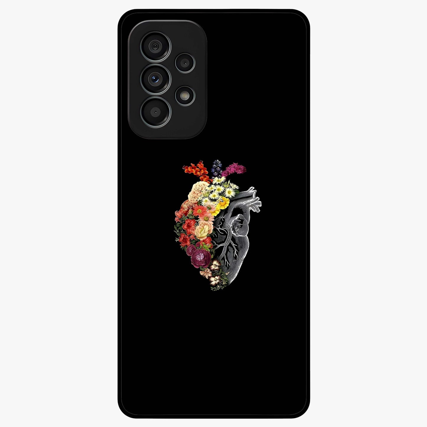 Heart With Flowers Glass Case showing flat back view with heart shaped floral artwork and glossy glass finish.