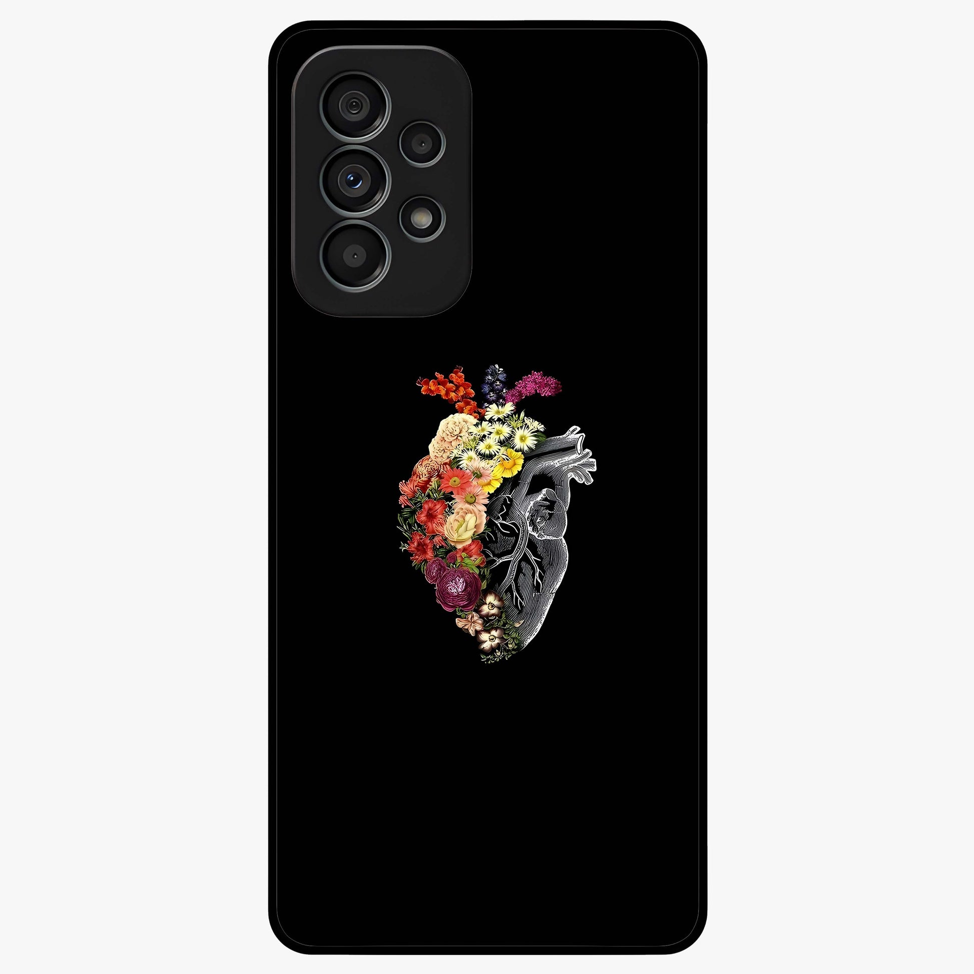 Heart With Flowers Glass Case showing flat back view with heart shaped floral artwork and glossy glass finish.